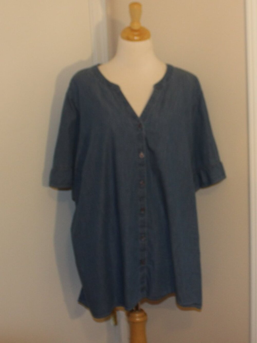 Kim Rogers Curvy Plus Size 3X Short Sleeve Button Front Denim Shirt Top